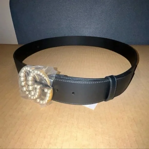 GUCCI Black leather belt with Gold GG & Pearl Buckle - Picture 3 of 7
